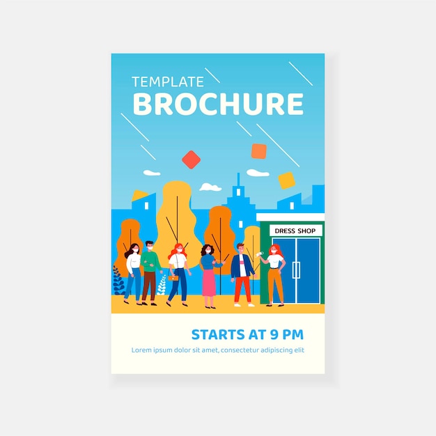 Vector people in mask standing in queue for shopping brochure template