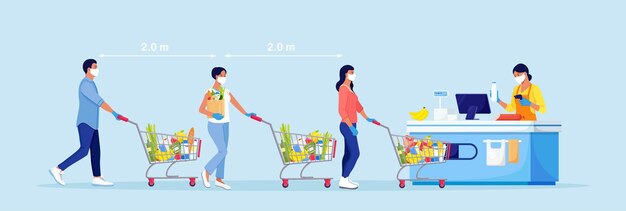 People in mask with shopping carts and baskets waiting in line at the cash register. social distancing and coronavirus covid-19 prevention. maintain a safe distance from others at the supermarket