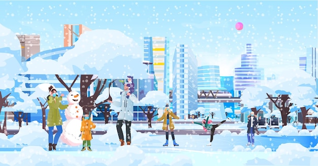 People in masks having winter fun men women spending time in park outdoors activities coronavirus quarantine concept cityscape background full length horizontal vector illustration