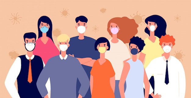 People in medical masks. . Man woman wearing individual health protection, covid-19 or coronavirus  illustration