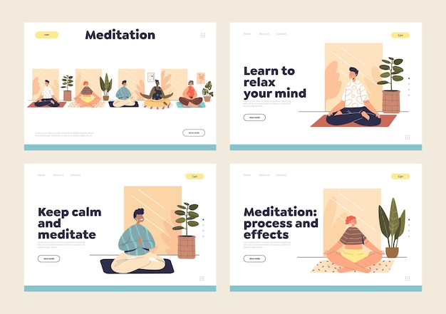 People meditating concept of template landing pages set with cartoon characters practice yoga