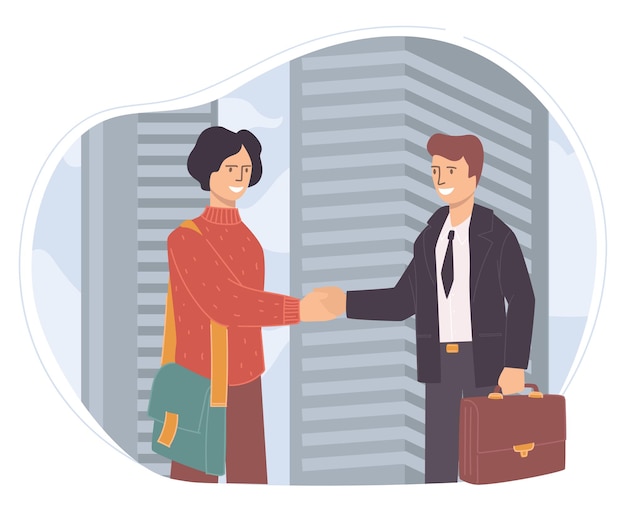 People on meeting, business people or partners shaking hands at smiling. characters with briefcases in company gathering. employer and employee, colleagues in office job. vector in flat style