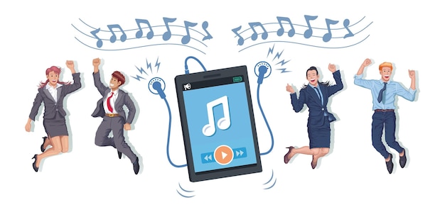 Vector people men and women listening music and dancing together with giant smartphone vector illustration