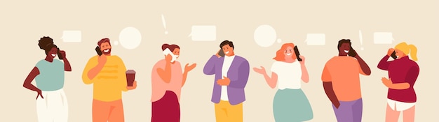 Люди мужчины и женщины разговаривают по телефону Коммуникационные векторные персонажи