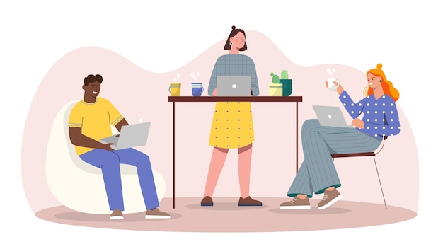 Vector people at modern open space concept people with laptops sitting at desk colleagues and coworkers working on common project teamwork and partnership cartoon flat vector illustration