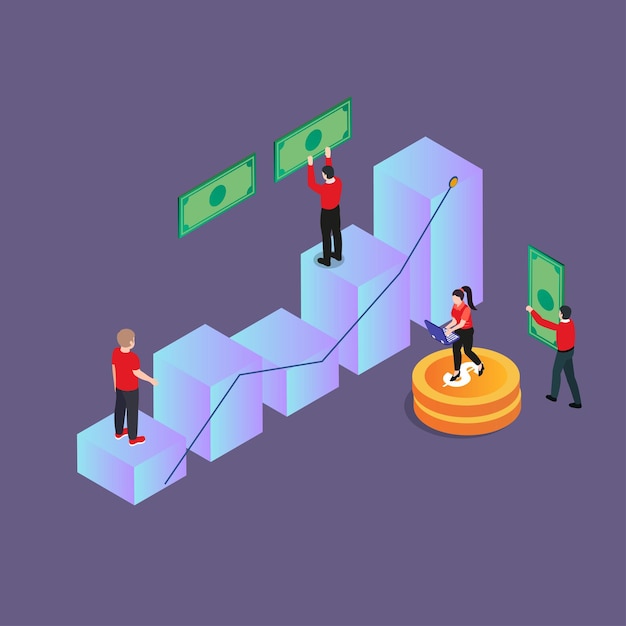 People monitoring growth of their investment isometric 3d