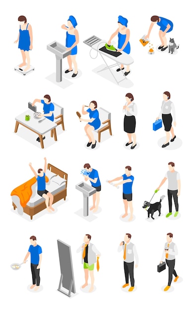 Vector people morning routine isometric icons set with man and woman doing daily rituals isometric vector illustration