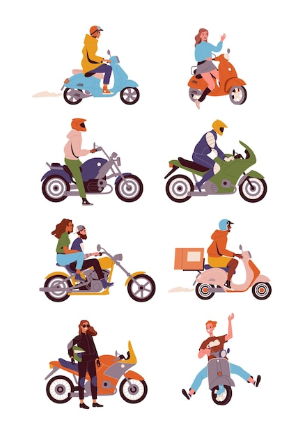 Vector people on motorcycles set