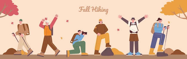 People in mountaineering clothes are enjoying autumn climbing.