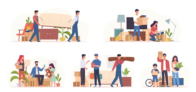 People moving home Families preparing transporting in new apartment sorting boxes movers carry furniture items packing transportation service relocating concept vector cartoon scenes set