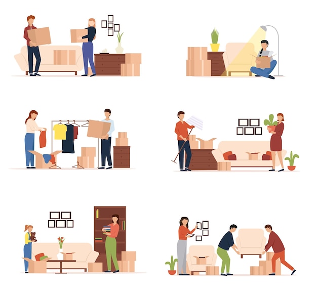 People moving into new house family unpacking boxes cardboard box with various things from house