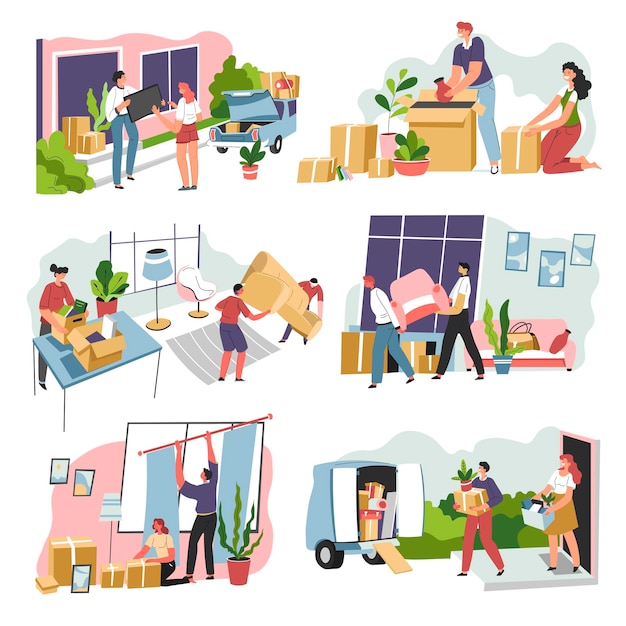 Vector people moving out and in characters hiring logistics companies helping to transport furniture and personal belongings packed in carton boxes new house and place to live vector in flat style