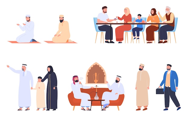 People in national arab clothes walk eat work breathe and pray vector illustration