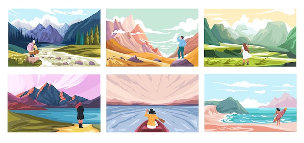 People in natural landscape enjoying views vector