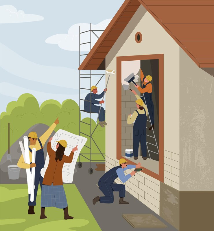 Vector people near building men and women in uniforms and construction helmets take part in construction of building workers paint walls engineers check blueprint cartoon flat vector illustration