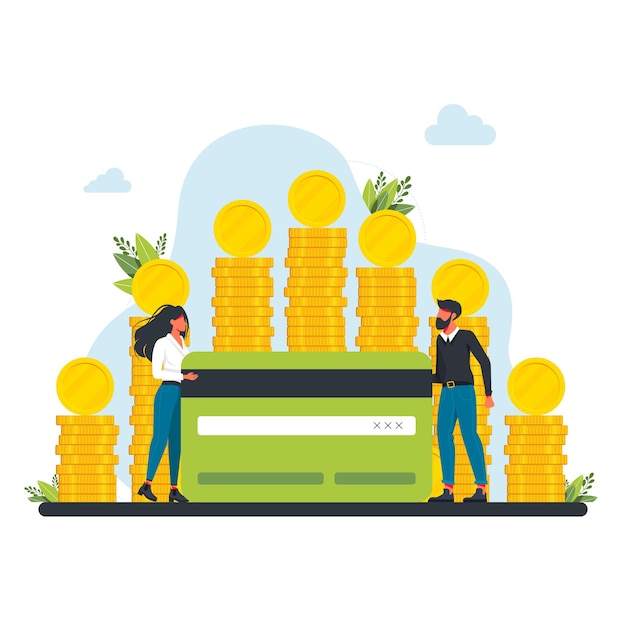 People near a large pile of coins are holding a bank credit card. Happy successful characters with a pile of coin. Financial well-being. Business investment and money savings. Fees and funding concept