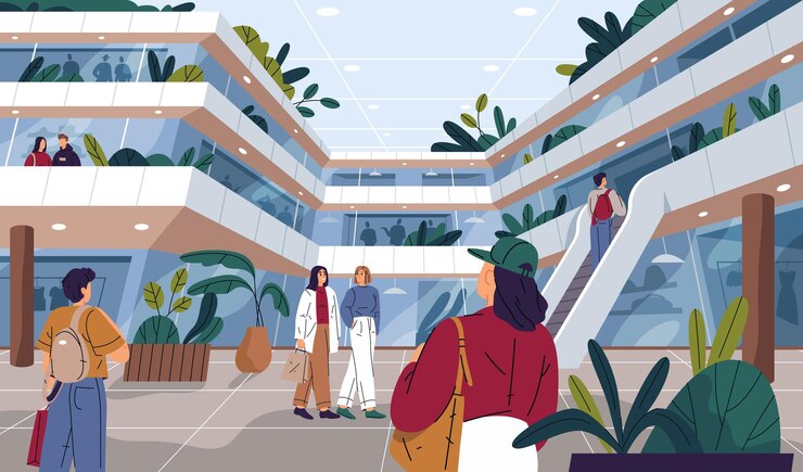 Vector people near shopping center or city mall building vector facade of business hub or commercial