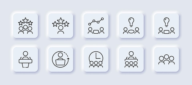 People neomorphic line icons set Contactdebate productivity group leader team business ideas achievements rating speech bubble chat Communication concept Vector neomorphic line icons set