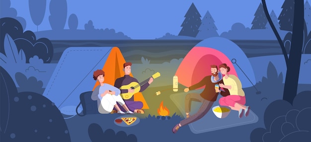 People at night campfire Couple friends roast marshmallow on bonfire in forest evening campground outdoor party picnic nature story song around fire vector illustration of campfire at night camp