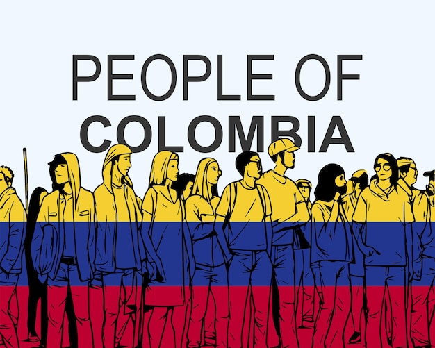 アイデアを集める多くの人々 の旗のシルエットを持つコロンビアの人々