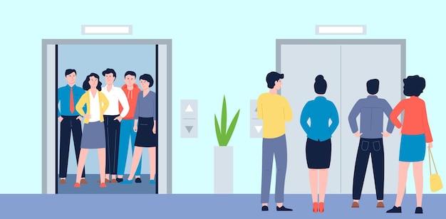 people in office elevator workers wait elevators businessmen in hall of mall person at job professionals group at morning and lift recent vector panorama concept