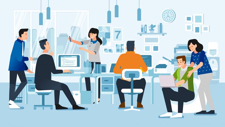 Vector 자신의 활동과 사무실에있는 사람들, 논의, 사무실 인테리어 일러스트와 함께 컴퓨터 작업