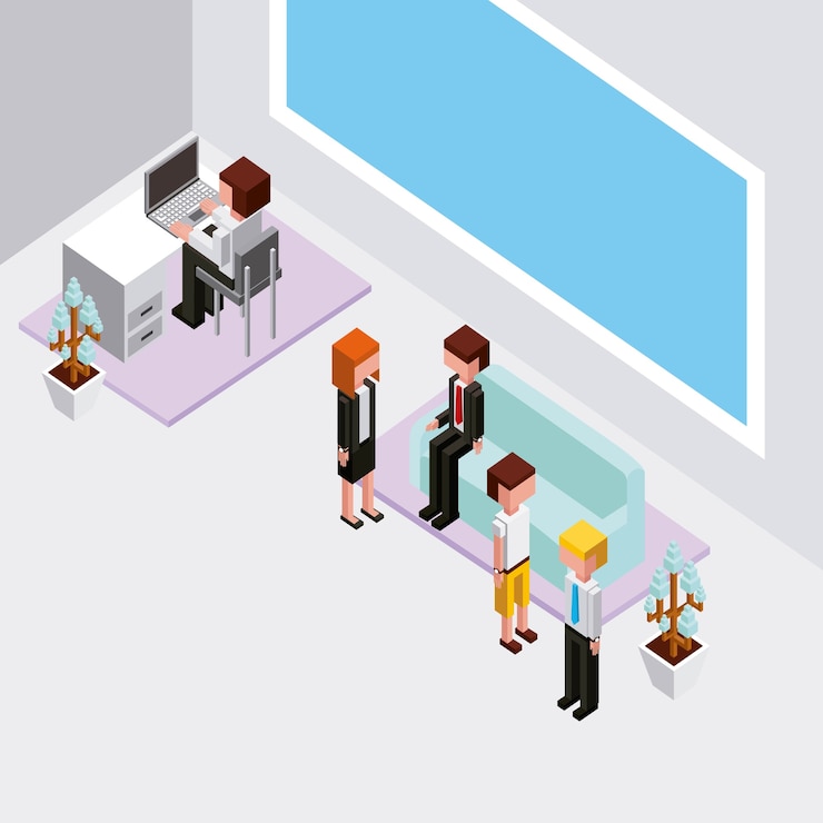 Vector people in office working and waiting sit on sofa 