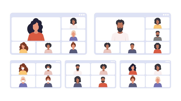 Vector オンライン会議の人々。会議のあるアプリケーションウィンドウ。孤立。ベクトルイラスト。