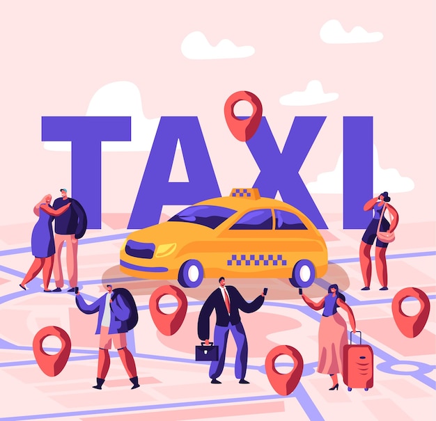 People ordering taxi using application and catching on street concept. cartoon flat  illustration