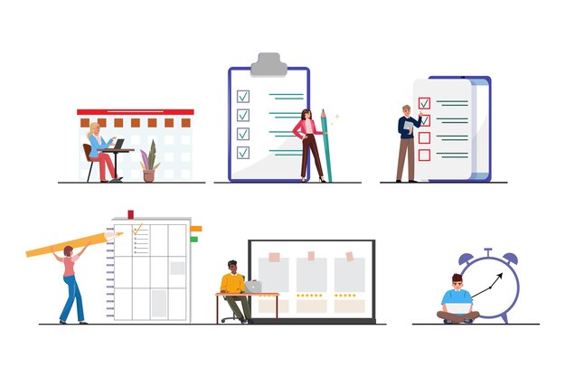 Vector people organising their work collection of people successfully organising their tasks