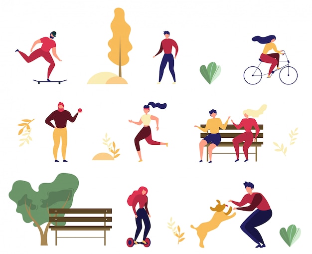 Vector people outdoor activities in park flat vector set