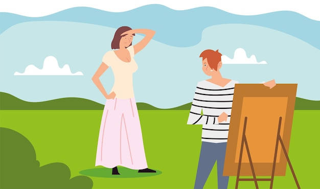 Люди на свежем воздухе, женщина стоя позирует и мужчина рисует иллюстрацию картины