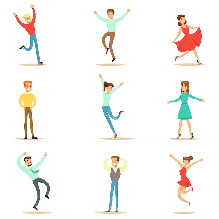 Vector people overwhelmed of happiness and joyfully ecstatic set of happy smiling cartoon characters