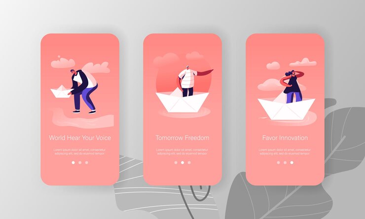Vector people on paper ship mobile app page onboard screen set.