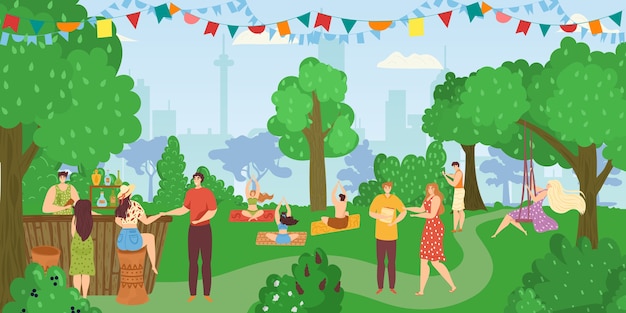 Vector people in park, friends together having fun, leisure and rest in summer nature, doing yoga poses and fitness, eating at food kiosk  illustration. people having picnic in park.