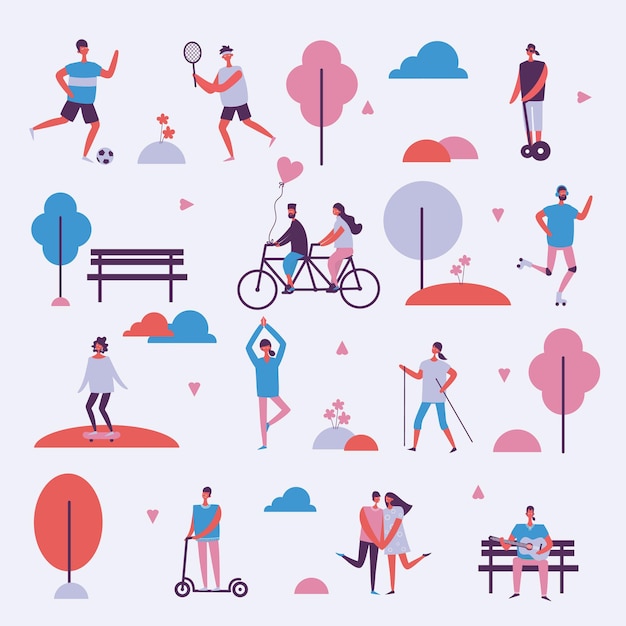 People in park icons collection, trees and benches lantern illuminating light, couples having fun walking together, playing tennis vector illustration