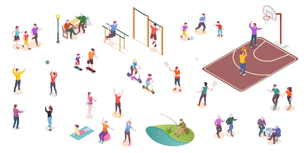 Vector people in park sport activity play isometric set