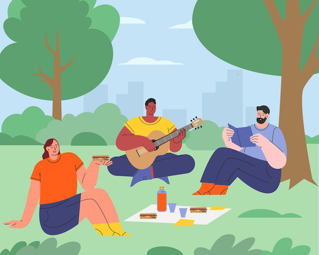 People in the park summer picnic with friends flat vector illustration