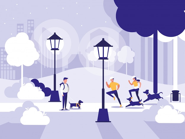 Vector people in park with lamps