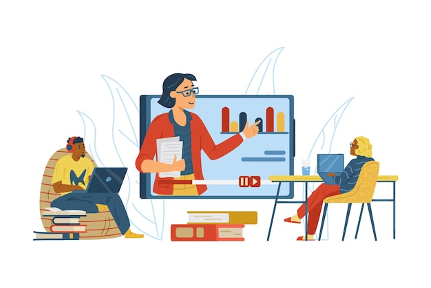 オンライントレーニングまたはウェビナーフラットベクターイラストに参加している人々