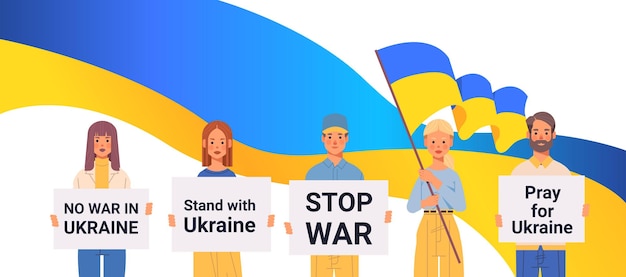 Vector people patriots with ukrainian flag and banners pray for ukraine peace save ukraine from russia stop war concept