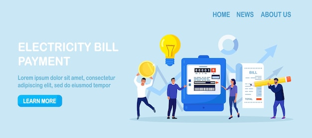 People paying utilities Invoice and electricity meter Man worried stressed over bill Utility bills payment Electricity consumption expenses Technician repair meter installation energy saving