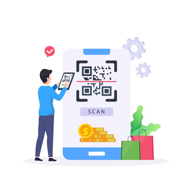 Vector people paying with qr code in supermarket clothing store and hardware store