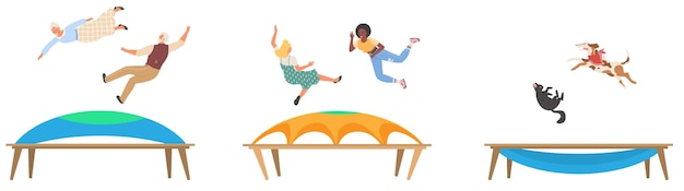 Vector people and pet jumping trampoline vector scene