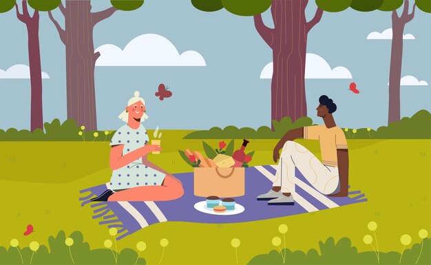 Vector people at picnic man and woman sitting at blanket with food young couple at romantic date in summer