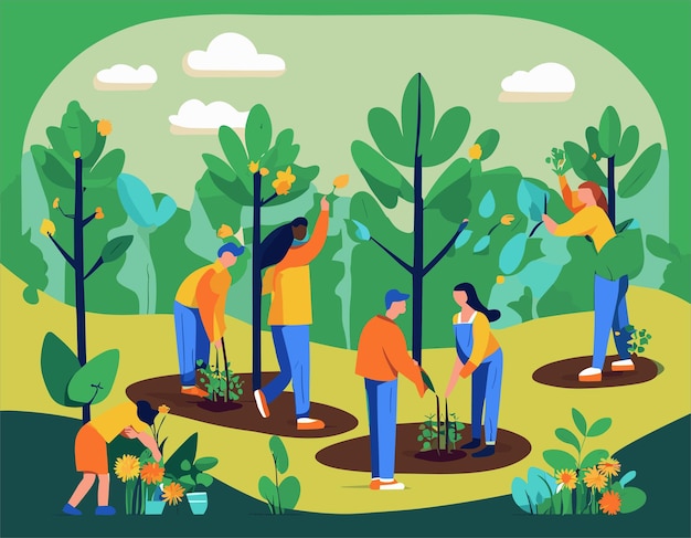 Vector people planting trees and flowers for world environment day