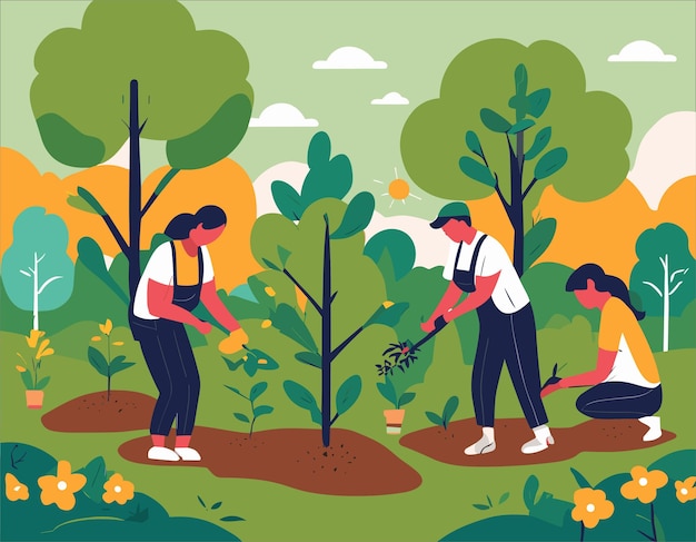 Vector people planting trees and flowers for world environment day