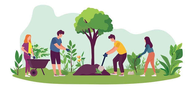 平らなベクトルイラストで緑の草と葉を植える人々 働く人々