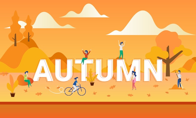 People play in autumn with flat illustration