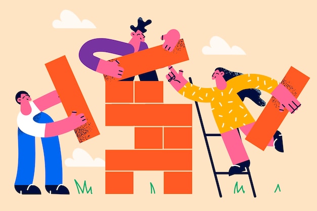 Vector people play huge jenga game together. smiling employees or workers involved in risky company project or strategy development. entertainment, teamwork, teambuilding. flat vector illustration.